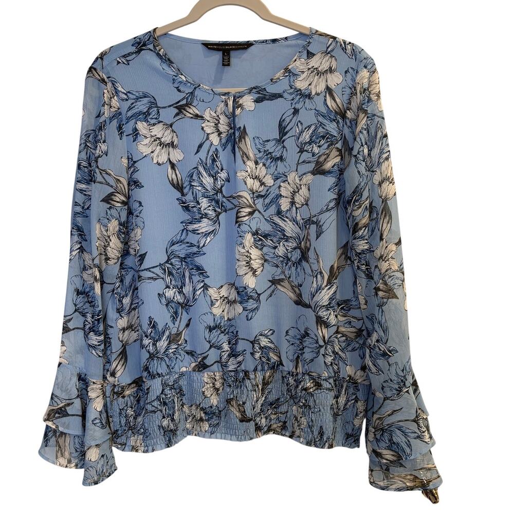 White House Black Market Floral Smocked Hem Blouse Ruffle Sleeve Blue Size Large